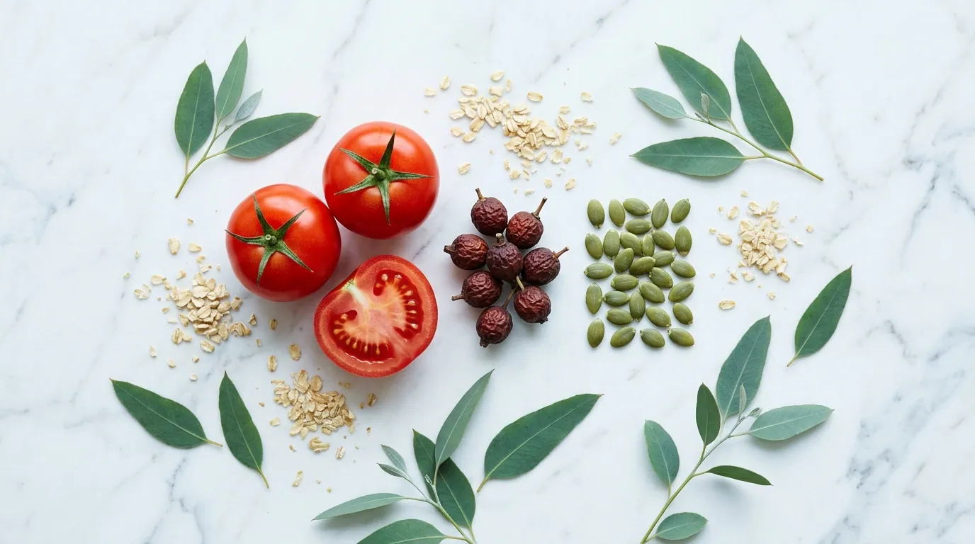 Natural saw palmetto berries, zinc mineral stones, lycopene tomatoes and vitamin E wheat germ laid out for men's prostate wellness supplement ingredients