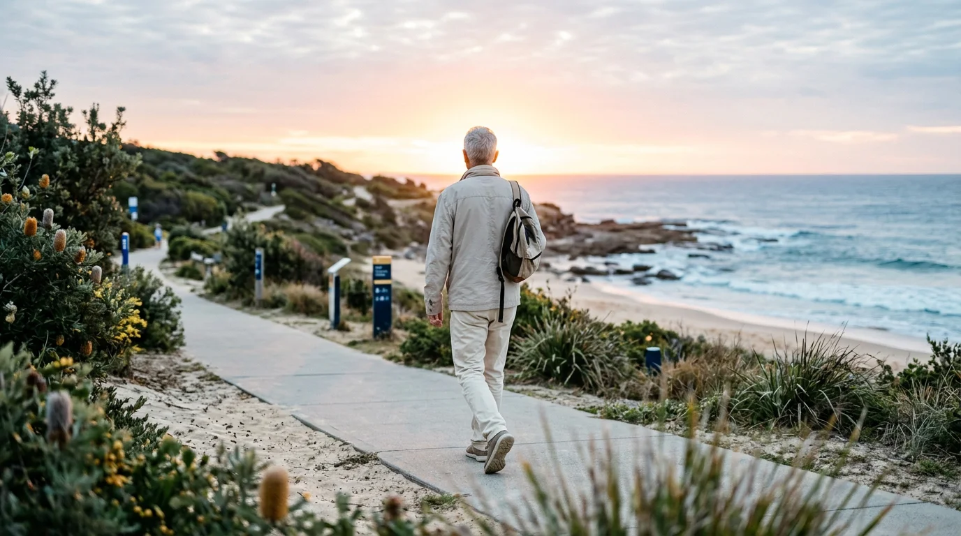 Anonymous senior man on an Australian coastal walk as part of an active daily wellness routine for men over 50
